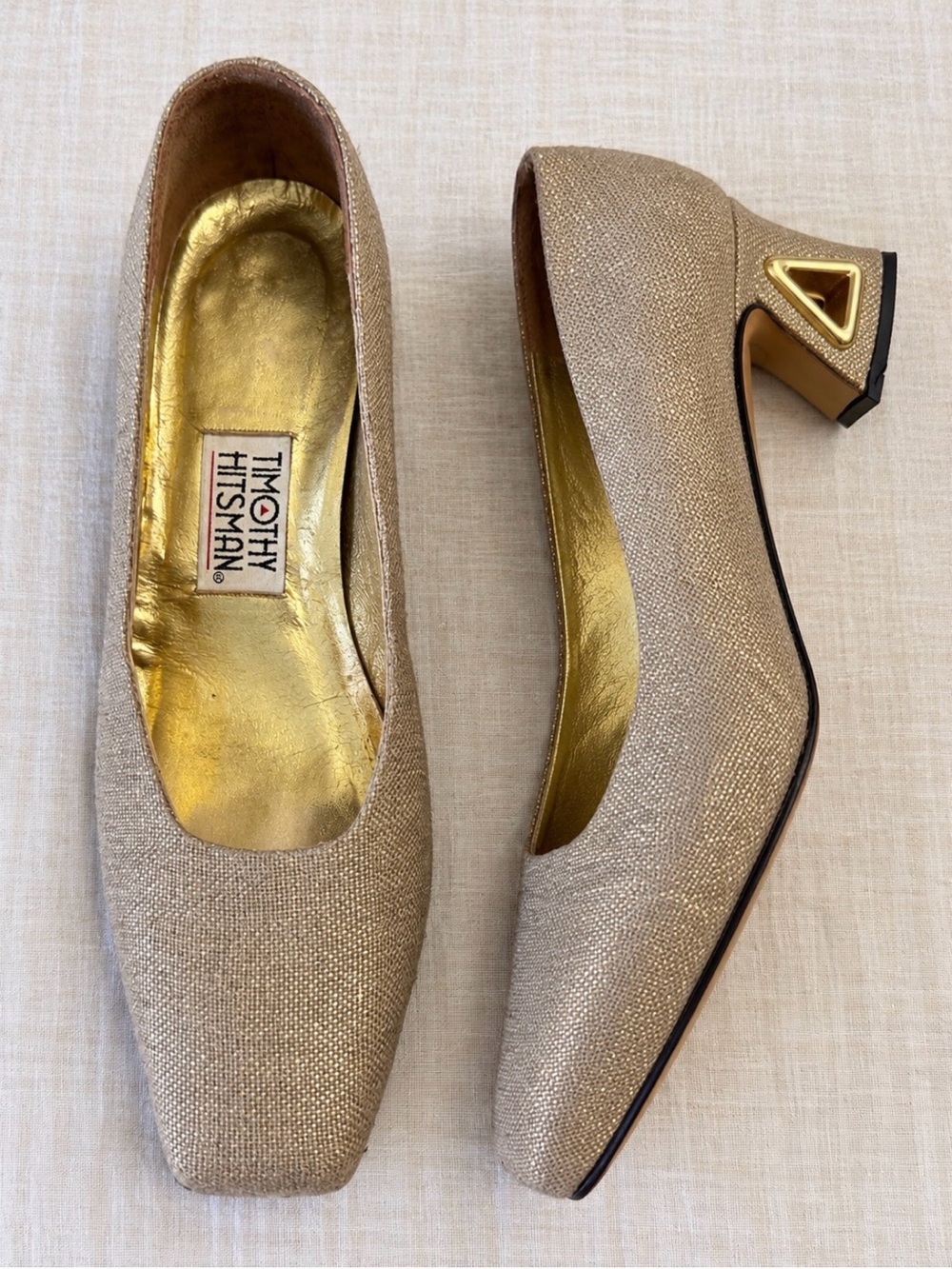 Vintage 90s Timothy Hitsman Metallic Pumps 10.5 M Gold Architectural Heel